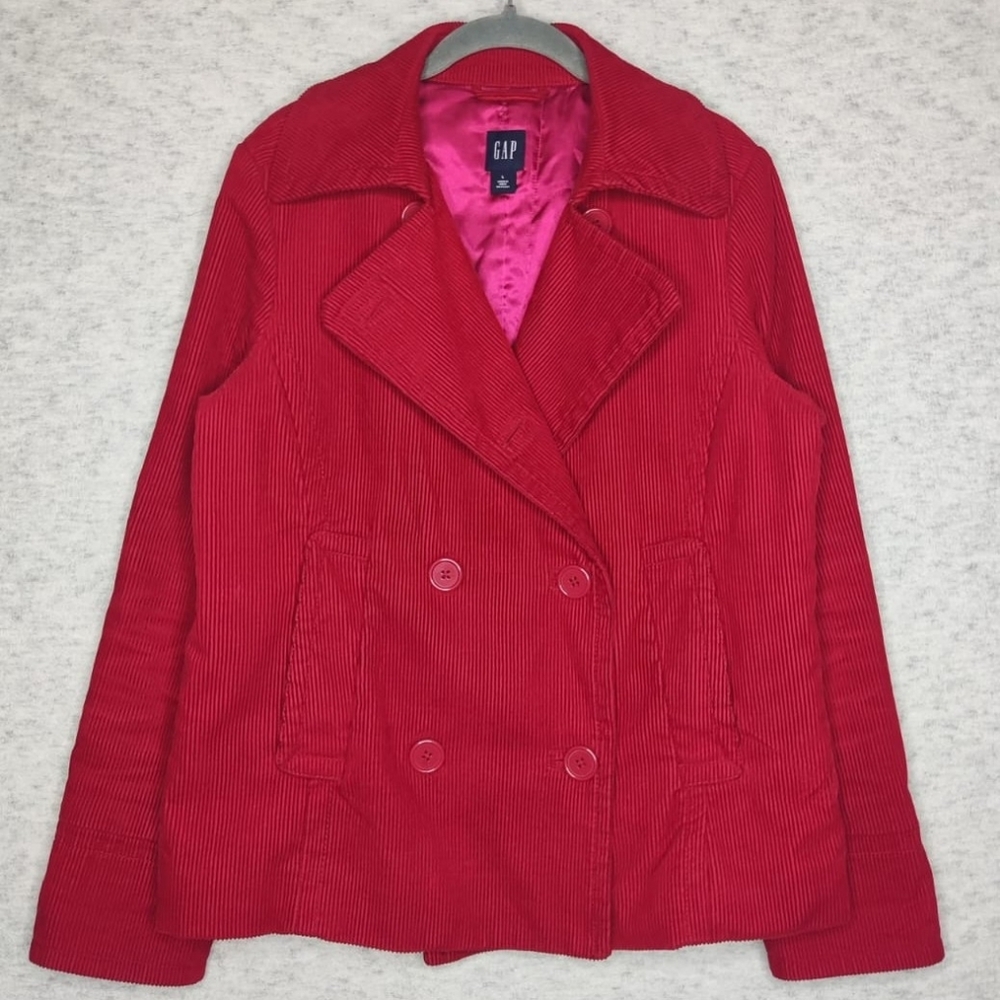 Vibrant Red Corduroy Double Breasted Jacket Sz L Insulated Lining Coat